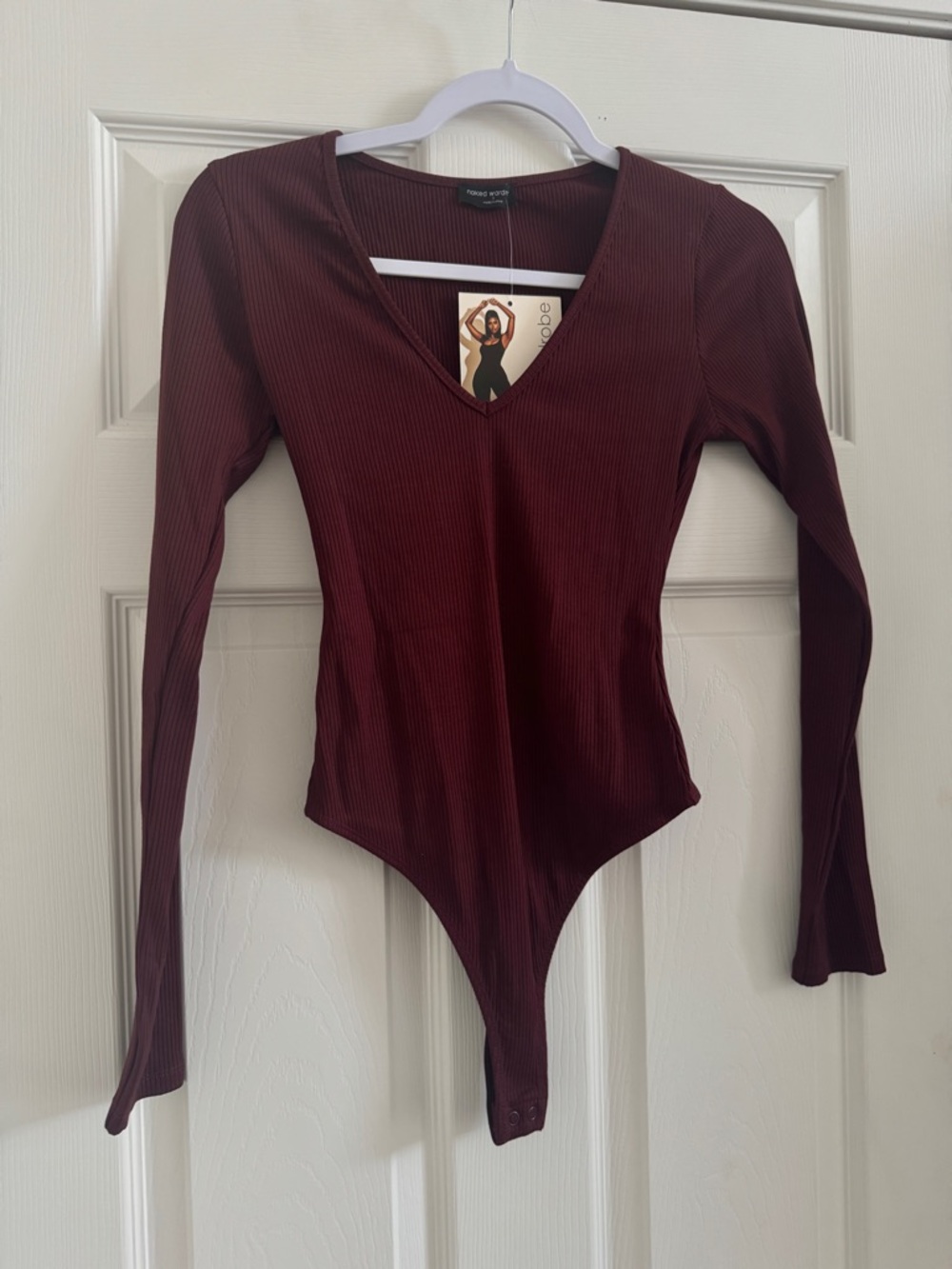 naked wardrobe wine colored Ribbed V-Neck Long Sleeve Bodysuit